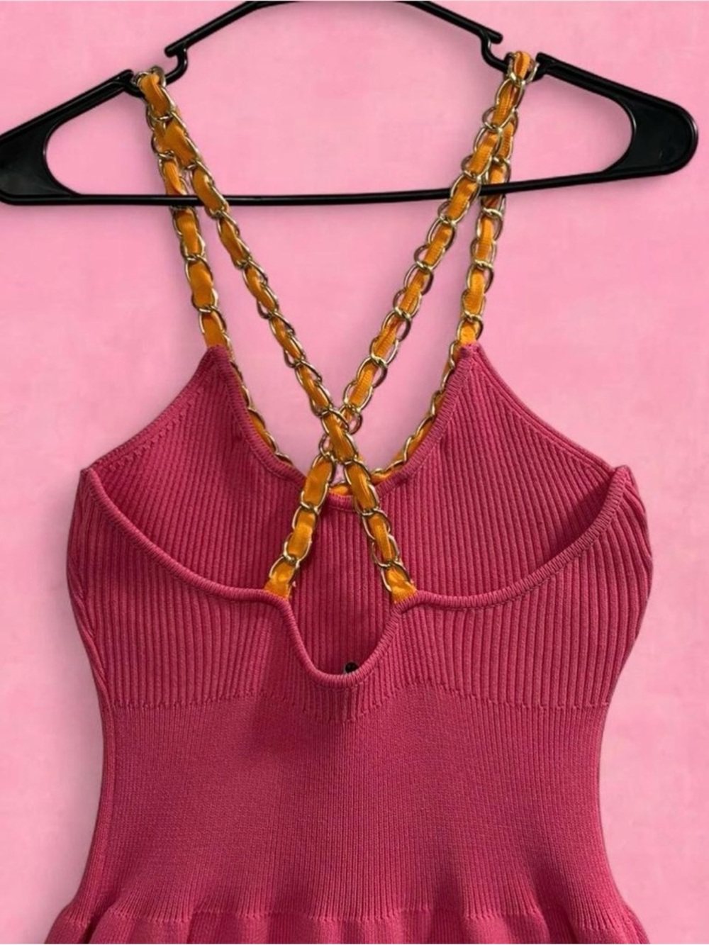 Zara Pink Sleeveless Knitted A-Line Mini Dress with orange and gold chain Trim - Picture 6 of 7